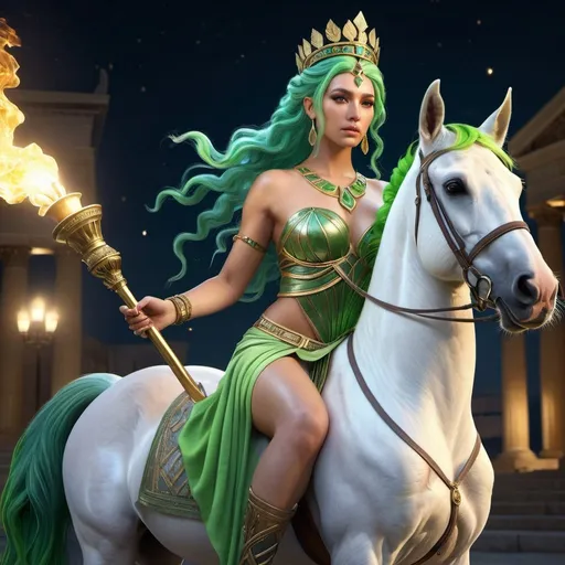 Prompt: HD 4k 3D, hyper realistic, professional modeling, ethereal Greek Goddess of Crossroads, bright green hair, mixed skin, gorgeous face,  grecian gown, lapiz jewelry and crown, holding a torch riding a horse, full body, crossroads at night, dog companion, protector, detailed, elegant, ethereal, mythical, Greek, goddess, surreal lighting, majestic, goddesslike aura