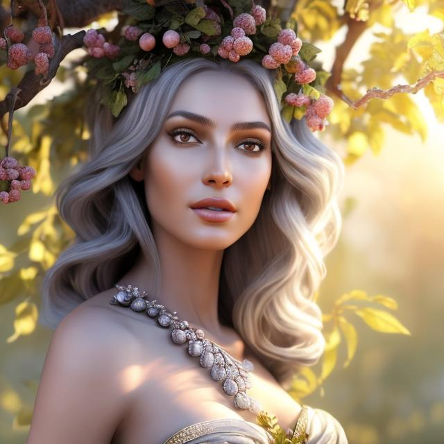 Prompt: HD 4k 3D, hyper realistic, professional modeling, ethereal mischievous Greek goddess of apple trees, light gray hair, mixed skin, gorgeous face, gorgeous tree inspired dress, rustic jewelry and tree headpiece, full body, ambient glow, fruit tree orchard, landscape, detailed, elegant, ethereal, mythical, Greek, goddess, surreal lighting, majestic, goddesslike aura