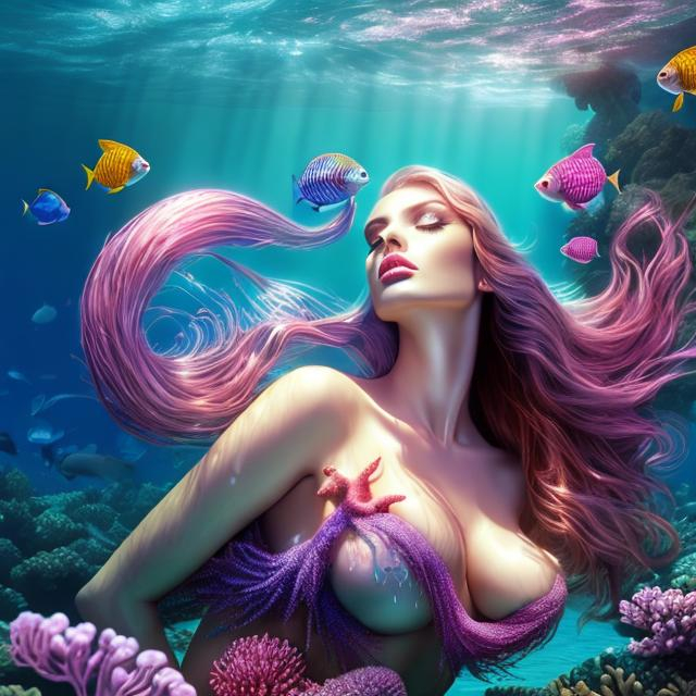 Prompt: HD 4k 3D 8k professional modeling photo hyper realistic beautiful woman ethereal greek goddess sea nymph 
pinks twisted rope hair black freckled skin gorgeous face ocean jewelry sea crown mermaid tail full body surrounded by ambient glow hd landscape bubbles water sea turtles fish and coral reef kelp 

