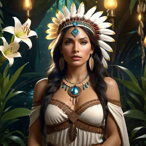 Prompt: HD 4k 3D 8k professional modeling photo hyper realistic beautiful woman Native American Princess of Neverland ethereal greek goddess gorgeous face full body surrounded by ambient glow, enchanted, magical, detailed, highly realistic woman, high fantasy background, Neverland, lilies, elegant, mythical, surreal lighting, majestic, goddesslike aura, Annie Leibovitz style 

