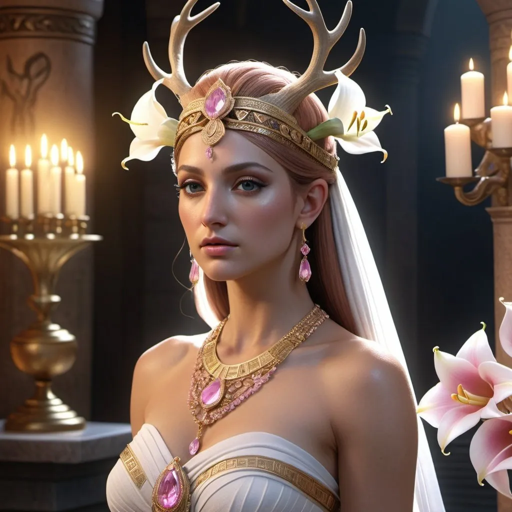 Prompt: HD 4k 3D, 8k, hyper realistic, professional modeling, ethereal Greek Goddess Princess of Mycenae, pink pulled back hair, pale skin, gorgeous glowing face, ornamental bridal dress, white gemstone jewelry and headband, strong, altar with calla lilies, standing next to stag deer, surrounded by ambient divinity glow, detailed, elegant, mythical, surreal dramatic lighting, majestic, goddesslike aura