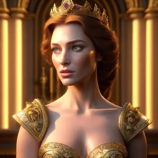 Prompt: HD 4k 3D 8k professional modeling photo hyper realistic beautiful regal Queen woman ethereal greek goddess of virtue and character
scarlet hair blue eyes fair freckled skin gorgeous face regal grecian gown opulent jewelry crown full body surrounded by ambient glorious glow hd landscape background on church throne, stained glass, vases, lamps
