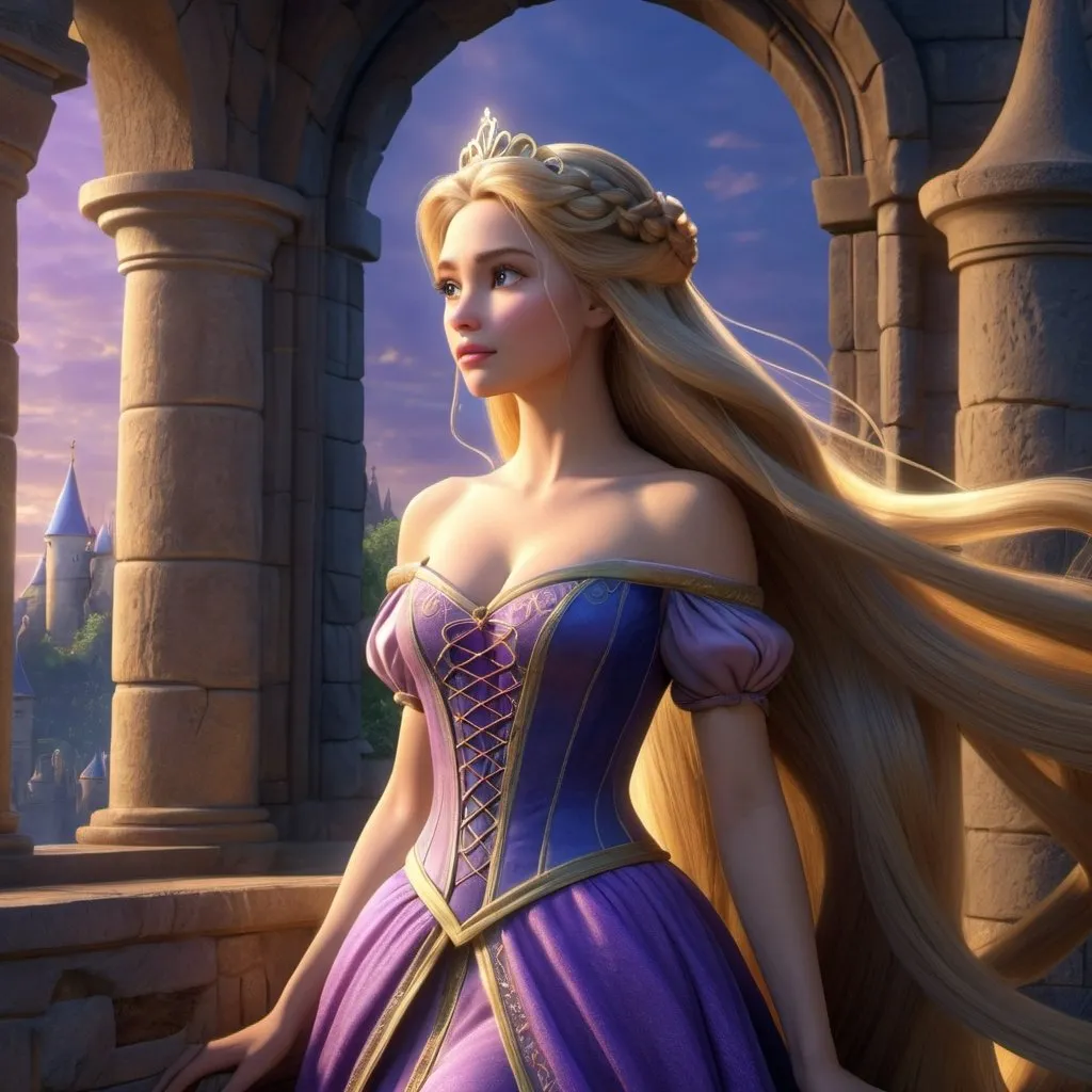 Prompt: HD 4k 3D, hyper realistic, professional modeling, enchanted German Princess - Rapunzel, very long hair, castle tower, beautiful, magical, detailed, elegant, ethereal, mythical, Greek goddess, surreal lighting, majestic, goddesslike aura