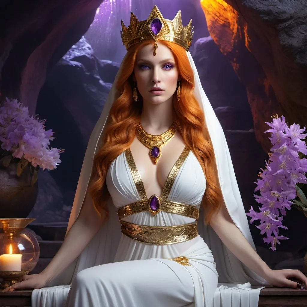 Prompt: HD 4k 3D, 8k, hyper realistic, professional modeling, ethereal Greek Goddess and Oracle of Delphi, orange hair, pale skin, gorgeous glowing face, high priestess white gown, purple veil, tourmaline jewelry and gold crown, cavern with fumes and vapors, mysterious cave adorned with oleander flowers, fortune teller and diviner, large python, surrounded by ambient divinity glow, detailed, elegant, mythical, surreal dramatic lighting, majestic, goddesslike aura