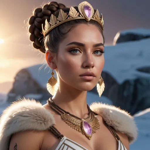 Prompt: HD 4k 3D, 8k, hyper realistic, professional modeling, ethereal Greek Goddess and Amazonian Warrior, brown braided bun hair, beige skin, gorgeous glowing face, Amazonian Warrior fur armor, kunzite jewelry and crown, Amazon warrior, tattoos, full body, courageous, arctic tundra, surrounded by ambient divine glow, detailed, elegant, mythical, surreal dramatic lighting, majestic, goddesslike aura