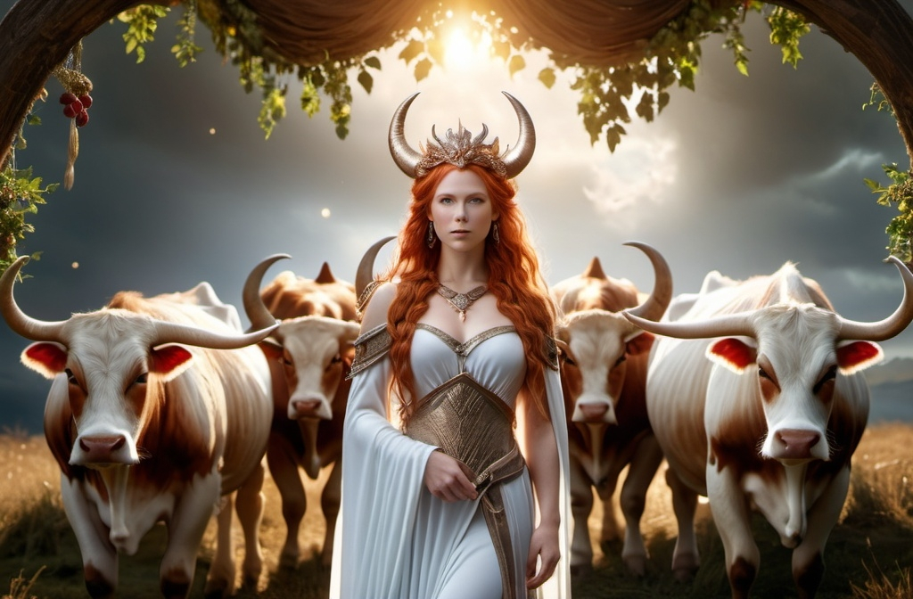 Prompt: Gefjon Norse Goddess of the Harvest and Oxen,  hyper realistic, HD 4k 3D, professional modeling, ethereal, light red  hair, fair skin, gorgeous face, gorgeous jewelry and tiara, full body, ambient glow, landscape, detailed, elegant, ethereal, mythical, goddess, surreal lighting, majestic, goddesslike aura, Norse Mythology