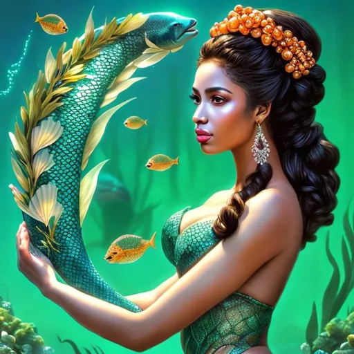 Prompt: HD 4k 3D, hyper realistic, professional modeling, ethereal Greek goddess of fresh water, orange double buns hair, black skin, gorgeous face, gorgeous mermaid, freshwater jewelry and mint leaves diadem, full body, ambient glow, river mermaid, mint leaves plants, landscape, detailed, elegant, ethereal, mythical, Greek, goddess, surreal lighting, majestic, goddesslike aura