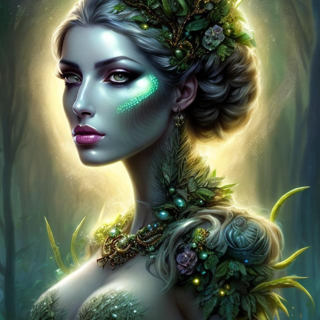 Prompt: HD 4k 3D, hyper realistic, professional modeling, ethereal Greek undead goddess of trees, green ombre hair, dark freckled skin, gorgeous face, gorgeous tree dress, tree jewelry and underworld crown, full body, ambient spooky glow, tree nymph in the underworld, landscape, detailed, elegant, ethereal, mythical, Greek, goddess, surreal lighting, majestic, goddesslike aura