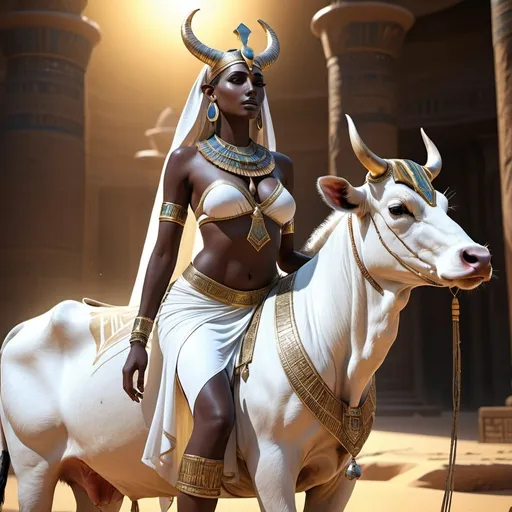 Prompt: HD 4k 3D, 8k, hyper realistic, professional modeling, ethereal Egyptian Cow Goddess Hesat, beautiful, glowing dark skin, white hair, mythical clothing and jewelry, headband, cow goddess, full body, riding a white cow in a beautiful oasis, Fantasy setting, surrounded by ambient divine glow, detailed, elegant, surreal dramatic lighting, majestic, goddesslike aura, octane render