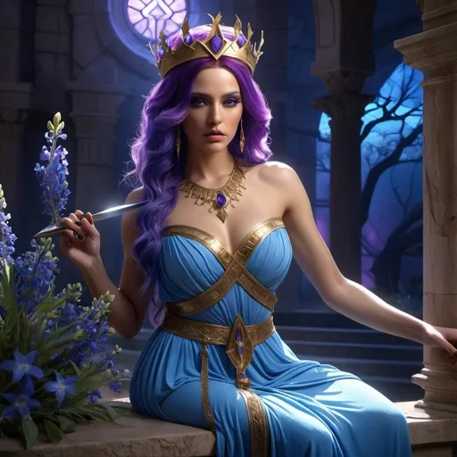 Prompt: HD 4k 3D, 8k, hyper realistic, professional modeling, ethereal Greek Goddess Vengeful Princess, purple hair, mixed skin, gorgeous glowing face, flowing amber dress, blue gemstone jewelry and headpiece, vengeful, holding a dagger outside a tomb, bluebonnets, bloody, surrounded by ambient divinity glow, detailed, elegant, mythical, surreal dramatic lighting, majestic, goddesslike aura