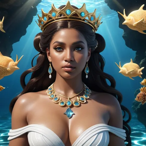 Prompt: HD 4k 3D, hyper realistic, professional modeling, ethereal Greek Sea Goddess and Princess, brunette double buns, dark skin, gorgeous face, mermaid, jasper jewelry and starfish crown, full body, Queen of the Sea, white goddess, powerful and strong, surrounded by divine glow, detailed, elegant, ethereal, mythical, Greek, goddess, surreal lighting, majestic, goddesslike aura