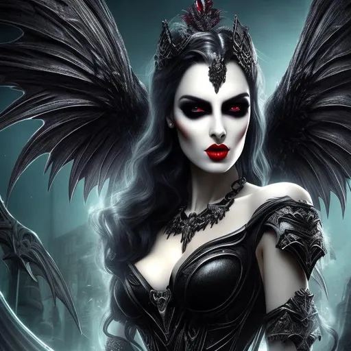 Prompt: HD 4k 3D 8k professional modeling photo hyper realistic evil beautiful demon woman ethereal greek goddess of horror
yellow hair dark eyes gorgeous face dark red lips grecian feathered dress jewelry gothic crown claws full body surrounded by ghostly glow hd landscape background underworld surrounded by gothic horror ghostly spirits bats crows 
