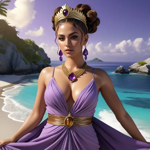 Prompt: HD 4k 3D, hyper realistic, professional modeling, ethereal Greek Goddess Island Nymph, purple messy bun, brown skin, gorgeous face, island dress, tigers eye jewelry and tropical crown, full body, Island nymph, island bluff, surrounded by divine glow, detailed, elegant, ethereal, mythical, Greek, goddess, surreal lighting, majestic, goddesslike aura