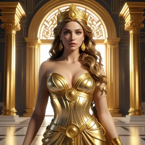 Prompt: HD 4k 3D, hyper realistic, professional modeling, enchanted Greek Princess - golden, beautiful, magical, gorgeous gold palace and riches, detailed, elegant, ethereal, mythical, Greek goddess, surreal lighting, majestic, goddesslike aura