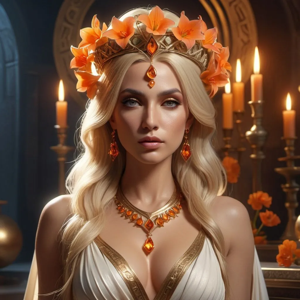 Prompt: HD 4k 3D, 8k, hyper realistic, professional modeling, ethereal Greek Goddess Evil Sorceress, blonde half up hair, beige skin, gorgeous glowing face, sorcerer gown, orange gemstone jewelry and crown, magic, poison, snapdragon flowers, surrounded by ambient divinity glow, detailed, elegant, mythical, surreal dramatic lighting, majestic, goddesslike aura