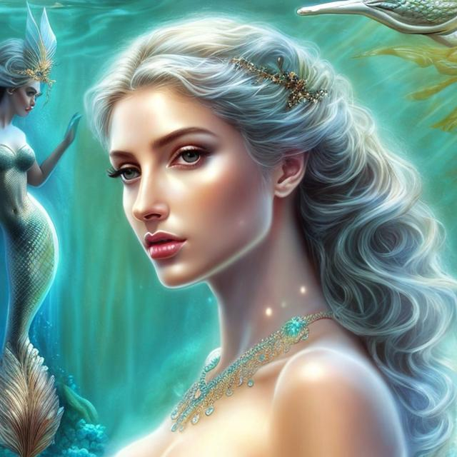 Prompt: HD 4k 3D, hyper realistic, professional modeling, ethereal Greek goddess of fresh water, white hair, mixed skin, gorgeous face, gorgeous mermaid, freshwater jewelry and headband, full body, ambient glow, lady of the lake, mermaid, landscape, detailed, elegant, ethereal, mythical, Greek, goddess, surreal lighting, majestic, goddesslike aura