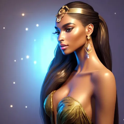 Prompt: HD 4k 3D, hyper realistic, professional modeling, ethereal Greek goddess of hygiene, blonde ponytail hair, brown skin, flowing silk gown, gorgeous face, gemstone jewelry and headband, full body, ambient glow, clean enchantress, carrying large python and potion, detailed, elegant, ethereal, mythical, Greek, goddess, surreal lighting, majestic, goddesslike aura