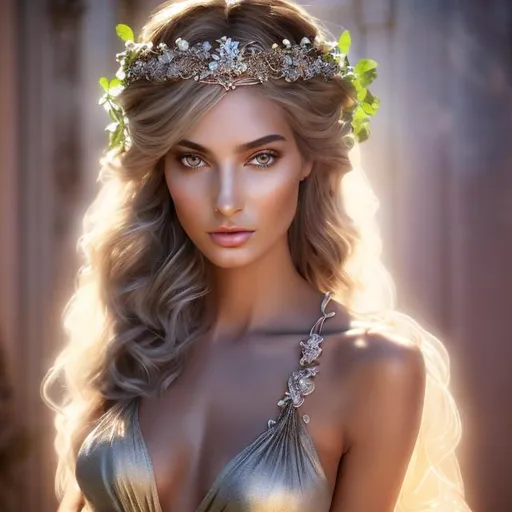 Prompt: HD 4k 3D, hyper realistic, professional modeling, ethereal Greek goddess of drunkeness, silver ombre hair, tan skin, gorgeous face, gorgeous grapevine dress, rustic jewelry and vine diadem, full body, ambient glow, wine and grape festival, landscape, detailed, elegant, ethereal, mythical, Greek, goddess, surreal lighting, majestic, goddesslike aura