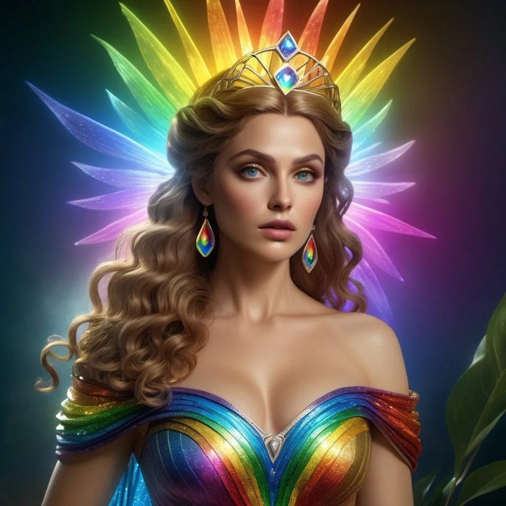 Prompt: HD 4k 3D 8k professional modeling photo hyper realistic beautiful rainbow woman Princess of Oz ethereal greek goddess gorgeous face full body surrounded by ambient glow, enchanted, magical, detailed, highly realistic woman, high fantasy background, immortal enchantress, elegant, mythical, surreal lighting, majestic, goddesslike aura, Annie Leibovitz style 

