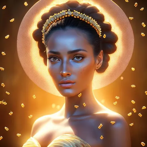 Prompt: HD 4k 3D, hyper realistic, professional modeling, ethereal Greek goddess of honey, black double ponytail hair, olive freckled skin, gorgeous face, gorgeous honeycomb dress, rustic jewelry and honeybee crown, full body, ambient glow, honey, beehives, honeybees, landscape, detailed, elegant, ethereal, mythical, Greek, goddess, surreal lighting, majestic, goddesslike aura