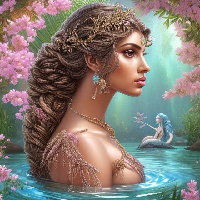 Prompt: HD 4k 3D, hyper realistic, professional modeling, ethereal Greek goddess of fresh water, pink bun hair, brown skin, gorgeous face, gorgeous mermaid, freshwater jewelry and laurel headpiece, full body, ambient glow, streams and brooks with laurel trees, mermaid, landscape, detailed, elegant, ethereal, mythical, Greek, goddess, surreal lighting, majestic, goddesslike aura