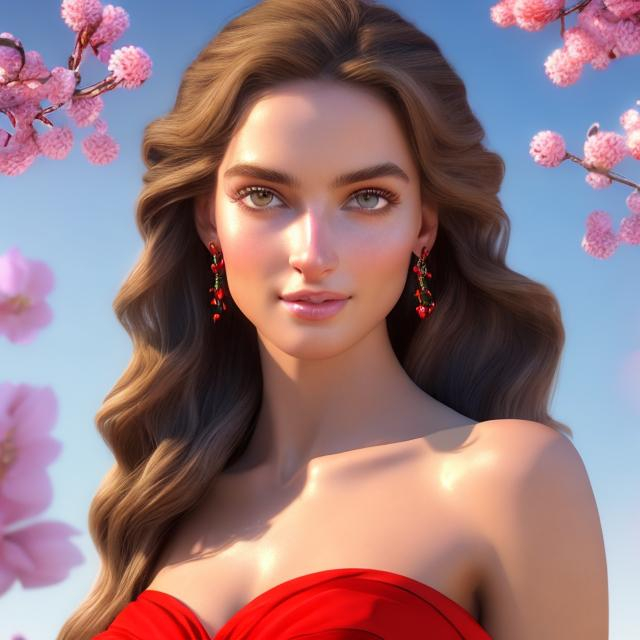 Prompt: HD 4k 3D 8k professional modeling photo hyper realistic beautiful young woman ethereal greek goddess of friendliness and kindness
red pigtail hair blue eyes gorgeous face dark skin shiny bright dress bright jewelry springtime tiara full body surrounded by ambient glow hd landscape background she is in the sunny springtime greek countryside with bright flowers and fauna
