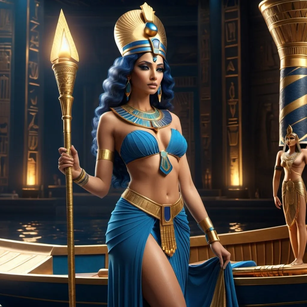 Prompt: HD 4k 3D, 8k, hyper realistic, professional modeling, ethereal Egyptian Goddess style, Ruler Goddess, beautiful, holding scepter,  glowing fair skin, dark blue hair, mythical regal gown, crown, full body, powerful, on egyptian boat, Fantasy setting, surrounded by ambient divine glow, detailed, elegant, surreal dramatic lighting, majestic, goddesslike aura, octane render, artistic and whimsical