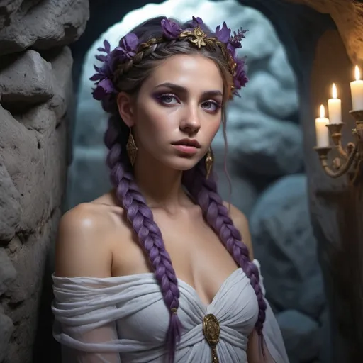 Prompt: HD 4k 3D, 8k, hyper realistic, professional modeling, ethereal Greek Goddess Theban Princess, purple dutch braided hair, mixed skin, gorgeous face, ghostly distressed gown, brown gemstone jewelry and dead flower crown, ghostly glow, in a dark stone tomb, catacomb, surrounded by ambient divine glow, detailed, elegant, ethereal, mythical, Greek, goddess, surreal lighting, majestic, goddesslike aura