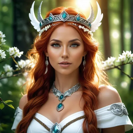 Prompt: Ilmr Norse Goddess of trees, hyper realistic, HD 4k 3D, professional modeling, ethereal, bright red hair, tan skin, gorgeous face, gorgeous jewelry and diadem, Valkyrie, in a forest of blossoming tress, ambient divine glow, detailed and intricate, elegant, ethereal, mythical, goddess, radiant lighting, majestic, goddesslike aura, Norse Viking Mythology