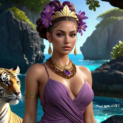 Prompt: HD 4k 3D, hyper realistic, professional modeling, ethereal Greek Goddess Island Nymph, purple messy bun, brown skin, gorgeous face, island dress, tigers eye jewelry and tropical crown, full body, Island nymph, island bluff, surrounded by divine glow, detailed, elegant, ethereal, mythical, Greek, goddess, surreal lighting, majestic, goddesslike aura