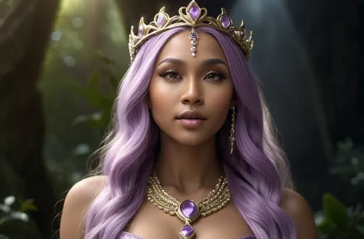 Prompt: Hariasa Norse Goddess of Hair,  hyper realistic, HD 4k 3D, professional modeling, ethereal, light purple long flowing hair, olive skin, gorgeous face, gorgeous jewelry and tiara, full body, ambient glow, detailed, elegant, ethereal, mythical, goddess, moody lighting, majestic, goddesslike aura, Norse Mythology