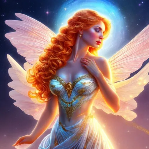 Prompt: HD 4k 3D, hyper realistic, professional modeling, ethereal Greek goddess of brightness, bright red hair, gorgeous face, fair skin, gorgeous bright shiny gown,  jewelry and diadem, fairy wings, full body, ambient glow, cosmic moon and sun bright in background, dazzling light, landscape, detailed, elegant, ethereal, mythical, Greek, goddess, surreal lighting, majestic, goddesslike aura