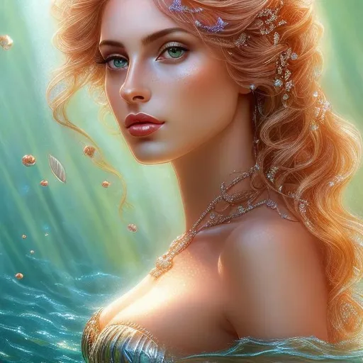 Prompt: HD 4k 3D, hyper realistic, professional modeling, ethereal Greek goddess of fresh water, red ombre hair, dark freckled skin, gorgeous face, gorgeous mermaid, freshwater jewelry and tiara, full body, ambient glow, river mermaid, landscape, detailed, elegant, ethereal, mythical, Greek, goddess, surreal lighting, majestic, goddesslike aura