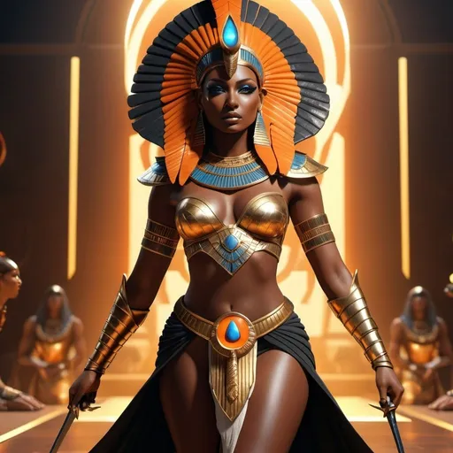 Prompt: HD 4k 3D, 8k, hyper realistic, professional modeling, ethereal Egyptian Goddess style, Feline Goddess of War, beautiful, standing on battlefield, glowing black skin, fiery orange hair, mythical armor, headpiece, full body, fierce and dangerous, Fantasy setting, surrounded by ambient divine glow, detailed, elegant, surreal dramatic lighting, majestic, goddesslike aura, octane render, artistic and whimsical