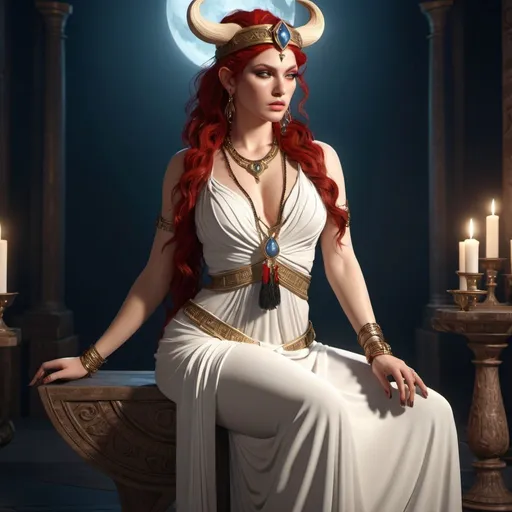 Prompt: HD 4k 3D, hyper realistic, professional modeling, ethereal Greek Goddess Witch, red half up twisted hair, ivory skin, gorgeous face, grecian embroidered gown, obsidian jewelry and headband, full body, witchcraft, sorceress, magical island, white bull companion, detailed, elegant, ethereal, mythical, Greek, goddess, surreal lighting, majestic, goddesslike aura