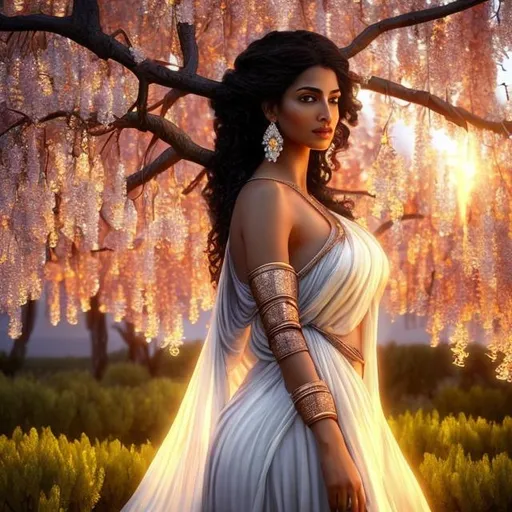 Prompt: HD 4k 3D, hyper realistic, professional modeling, ethereal  Greek goddess of poplar trees, white hair, dark skin, gorgeous face, gorgeous tree dress, copper jewelry and diadem, full body, ambient radiant glow, shepherd of cows in orchard, landscape, detailed, elegant, ethereal, mythical, Greek, goddess, surreal lighting, majestic, goddesslike aura