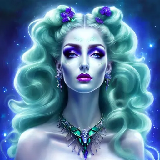 Prompt: HD 4k 3D, hyper realistic, professional modeling, ethereal Greek demon goddess of nightmares, green and blue bun hair, fair skin, black gown, gorgeous face, dark jewelry and headpiece, full body, ambient ghostly glow, dream spirit, night, detailed, elegant, ethereal, mythical, Greek, goddess, surreal lighting, majestic, goddesslike aura