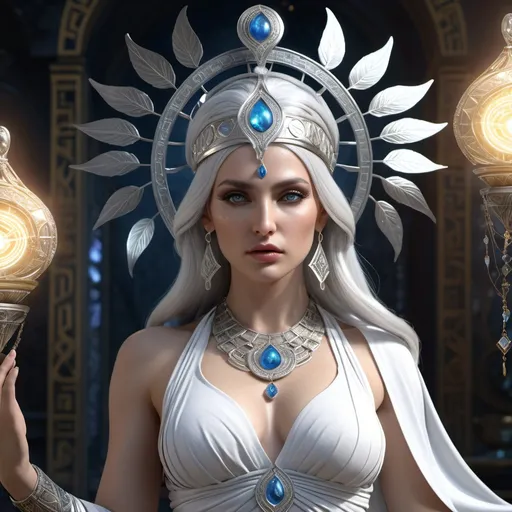 Prompt: HD 4k 3D, hyper realistic, professional modeling, ethereal Greek Muse of Mind Charming, Silver hair, white skin, gorgeous face, embellished sorceress dress, magical jewelry and headpiece, full body, psychic, fortune teller, cobra, mystic, detailed, elegant, ethereal, mythical, Greek, goddess, surreal lighting, majestic, goddesslike aura