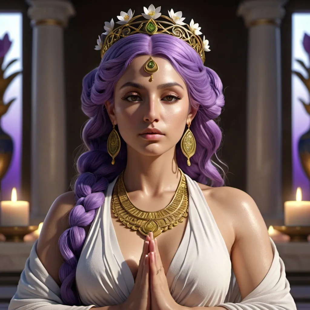 Prompt: HD 4k 3D, hyper realistic, professional modeling, ethereal Greek Muse of Meditation, bright purple hair, olive skin, gorgeous face, grecian robes, lotus jewelry and diadem, full body, embodiment of meditation, yoga pose, beautiful form, tranquility, detailed, elegant, ethereal, mythical, Greek, goddess, surreal lighting, majestic, goddesslike aura