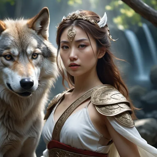 Prompt: HD 4k 3D, hyper realistic, professional modeling, enchanted Japanese Warrior Princess - San, strong, beautiful, magical, wolves, high fantasy background, detailed, highly realistic woman, elegant, ethereal, mythical, Greek goddess, surreal lighting, majestic, goddesslike aura, Annie Leibovitz style 