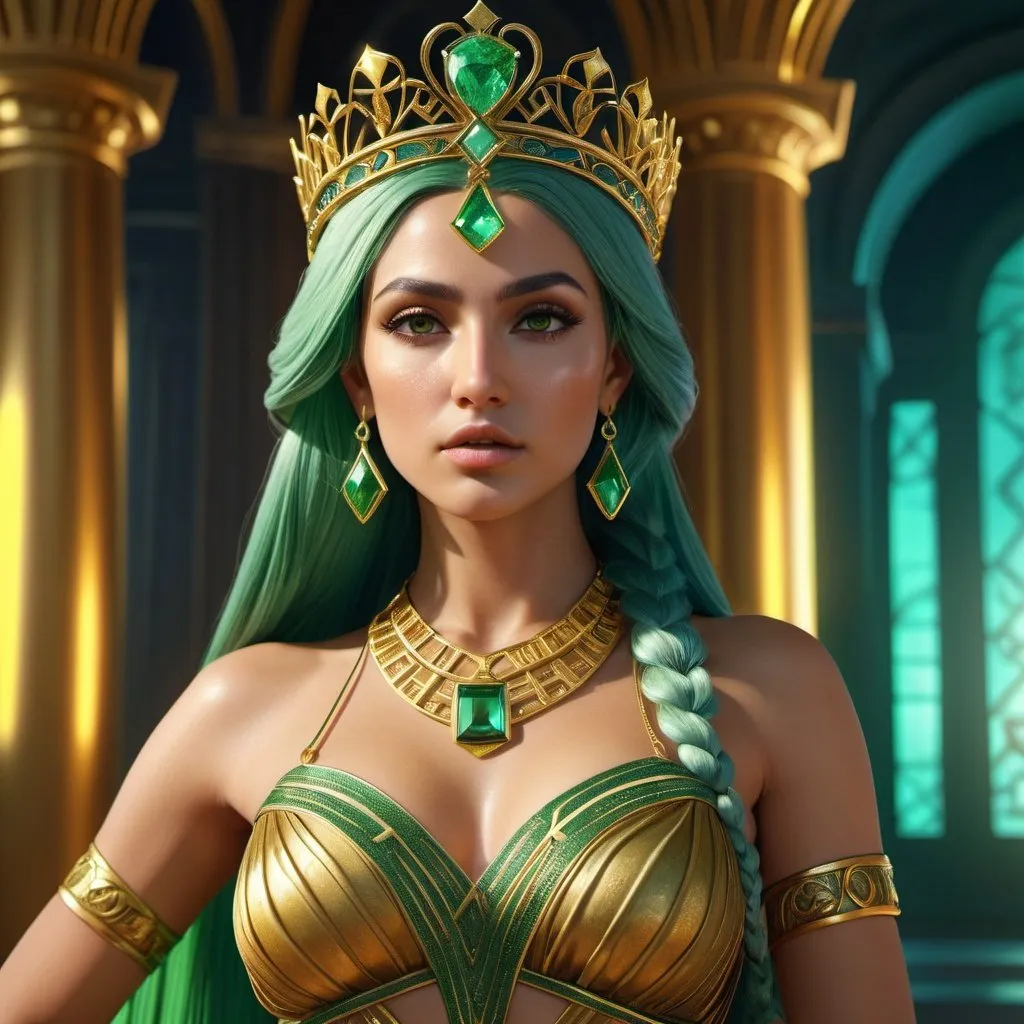 Prompt: HD 4k 3D, 8k, hyper realistic, professional modeling, ethereal Greek Goddess Argive Princess, green hair, tan skin, gorgeous glowing face, regal gown, yellow gemstone jewelry and diadem, bronze chamber, riches, tower, surrounded by ambient divinity glow, detailed, elegant, mythical, surreal dramatic lighting, majestic, goddesslike aura