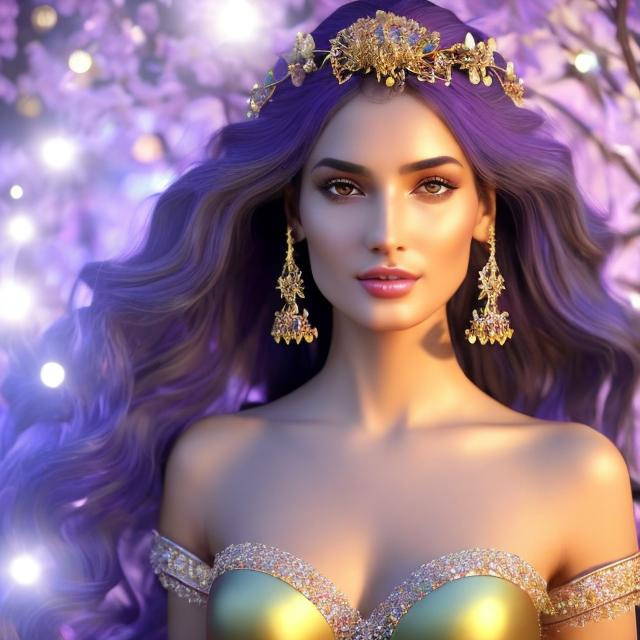 Prompt: HD 4k 3D, hyper realistic, professional modeling, ethereal Greek goddess of good cheer and happiness, purple hair, olive skin, dancing gown, gorgeous face, party jewelry and diadem, full body, ambient glow, joyful, merry, mirth, Spring background, detailed, elegant, ethereal, mythical, Greek, goddess, surreal lighting, majestic, goddesslike aura