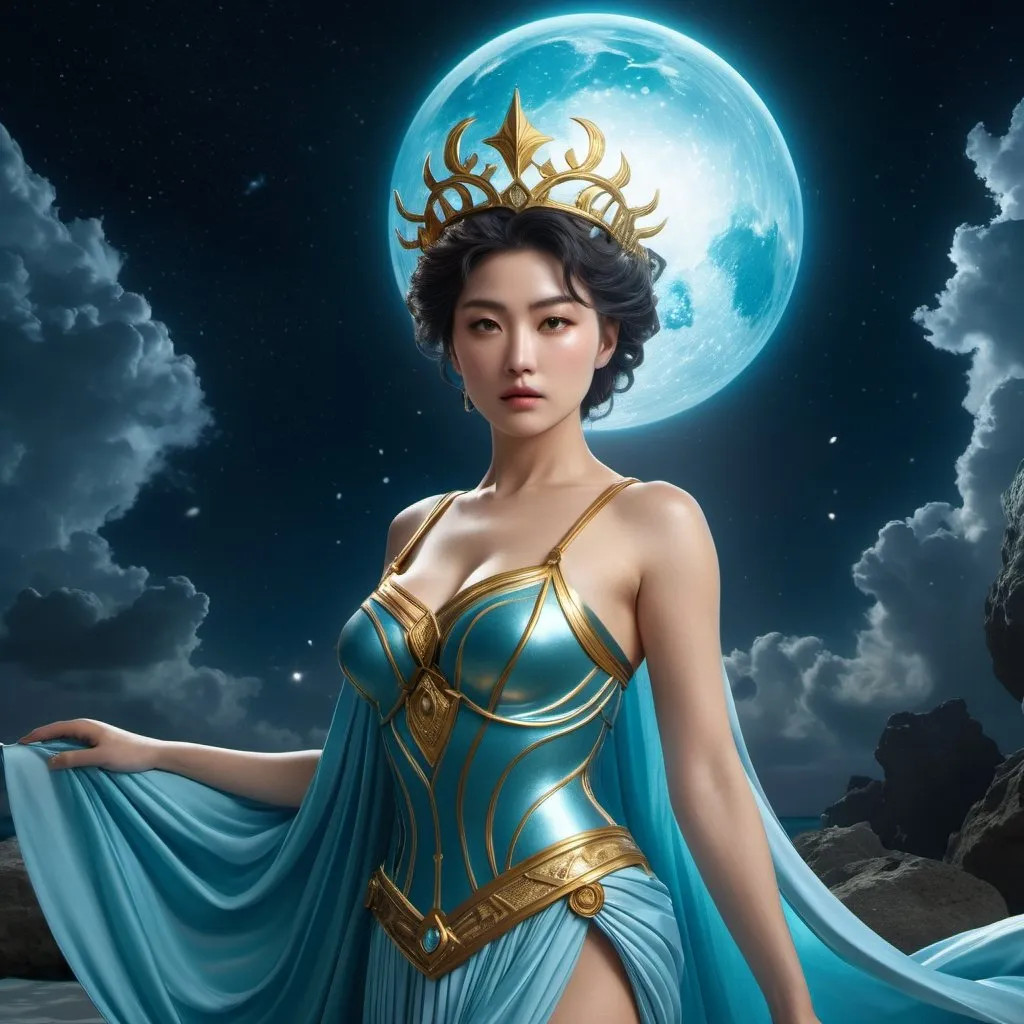 Prompt: HD 4k 3D 8k professional modeling photo hyper realistic beautiful woman enchanted Uranus Princess Haruka, ethereal greek goddess, full body surrounded by ambient glow, magical, highly detailed, intricate, beautiful Sailor Uranus style, Uranus, goddess of sky, weather powers, outdoor landscape, highly realistic woman, high fantasy background, elegant, mythical, surreal lighting, majestic, goddesslike aura, Annie Leibovitz style 

