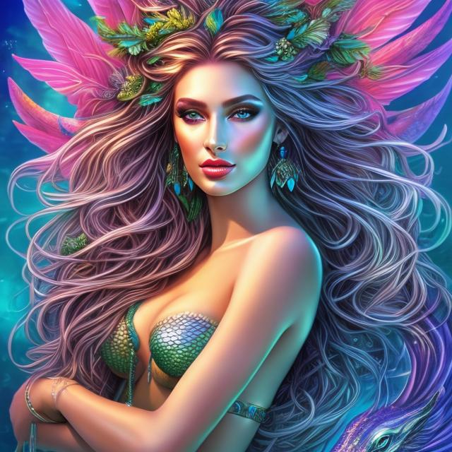 Prompt: HD 4k 3D 8k professional modeling photo hyper realistic beautiful woman ethereal greek goddess druid mermaid
cobalt blue hair olive skin gorgeous face  jewelry druid crown colored mermaid tail full body surrounded by ambient glow hd landscape under lush celtic waters

