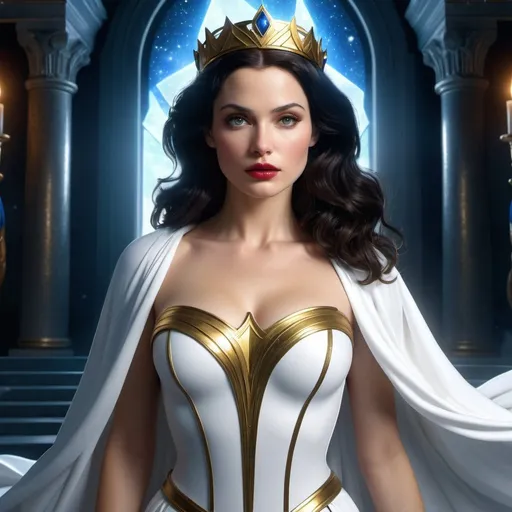 Prompt: HD 4k 3D 8k professional modeling photo hyper realistic beautiful woman Superhero Snow White Princess ethereal greek goddess gorgeous face full body surrounded by ambient glow, cosmic, enchanted, magical, detailed, highly realistic woman, high fantasy background, elegant, mythical, surreal lighting, majestic, goddesslike aura, Annie Leibovitz style 

