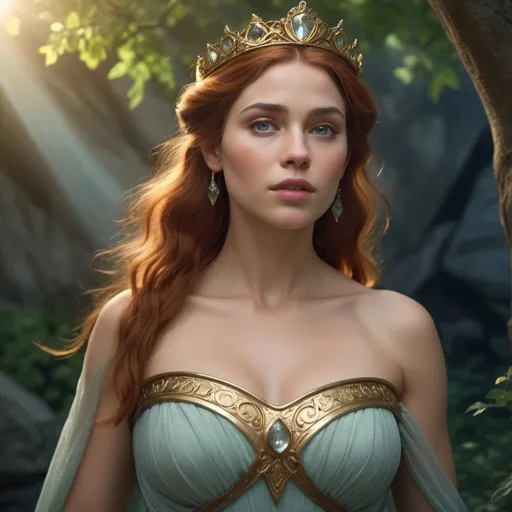 Prompt: HD 4k 3D, hyper realistic, professional modeling, enchanted Classic Princess - Fiona, strong, beautiful, magical, proud, high fantasy background, detailed, highly realistic woman, elegant, ethereal, mythical, Greek goddess, surreal lighting, majestic, goddesslike aura, Annie Leibovitz style 