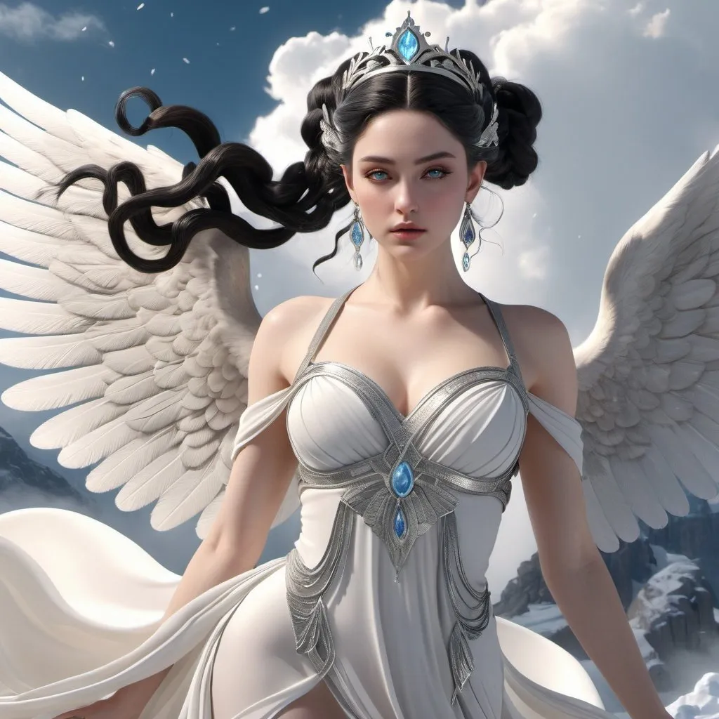 Prompt: HD 4k 3D, hyper realistic, professional modeling, ethereal Greek Goddess of Cold Mountain Winds, black pigtails hair, pale skin, gorgeous face, billowing gown and wings, marble jewelry and tiara, full body, flying through clouds, snow capped mountains, wind goddess, surrounded by divine glow, detailed, elegant, ethereal, mythical, Greek, goddess, surreal lighting, majestic, goddesslike aura