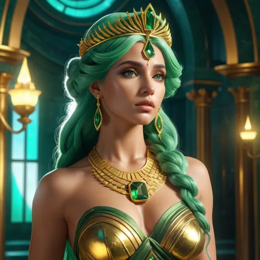 Prompt: HD 4k 3D, 8k, hyper realistic, professional modeling, ethereal Greek Goddess Argive Princess, green hair, tan skin, gorgeous glowing face, regal gown, yellow gemstone jewelry and diadem, bronze chamber, riches, tower, surrounded by ambient divinity glow, detailed, elegant, mythical, surreal dramatic lighting, majestic, goddesslike aura
