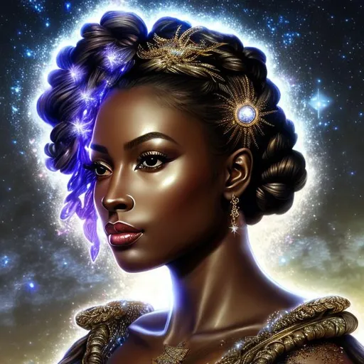 Prompt: HD 4k 3D, hyper realistic, professional modeling, ethereal Greek goddess of the stars,  bronze braided bun hair, black skin, gorgeous face, gorgeous starry gown, starry jewelry and headband of stars, angel wings, full body, ambient starlight glow, overlooking island, dazzling light, landscape, detailed, elegant, ethereal, mythical, Greek, goddess, surreal lighting, majestic, goddesslike aura