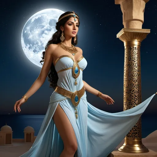 Prompt: HD 4k 3D 8k professional modeling photo hyper realistic beautiful woman enchanted, Arab Princess Badroulbadour, "full moon of full moons") is an Arab princess whom Aladdin married in The Story of Aladdin; or, the Wonderful Lamp. Her name uses the full moon as a metaphor for female beauty, which is common in Arabic literature and throughout the Arabian Nights, ethereal greek goddess, full body surrounded by ambient glow, magical, highly detailed, intricate, outdoor  landscape, high fantasy background, elegant, mythical, surreal lighting, majestic, goddesslike aura, Annie Leibovitz style 

